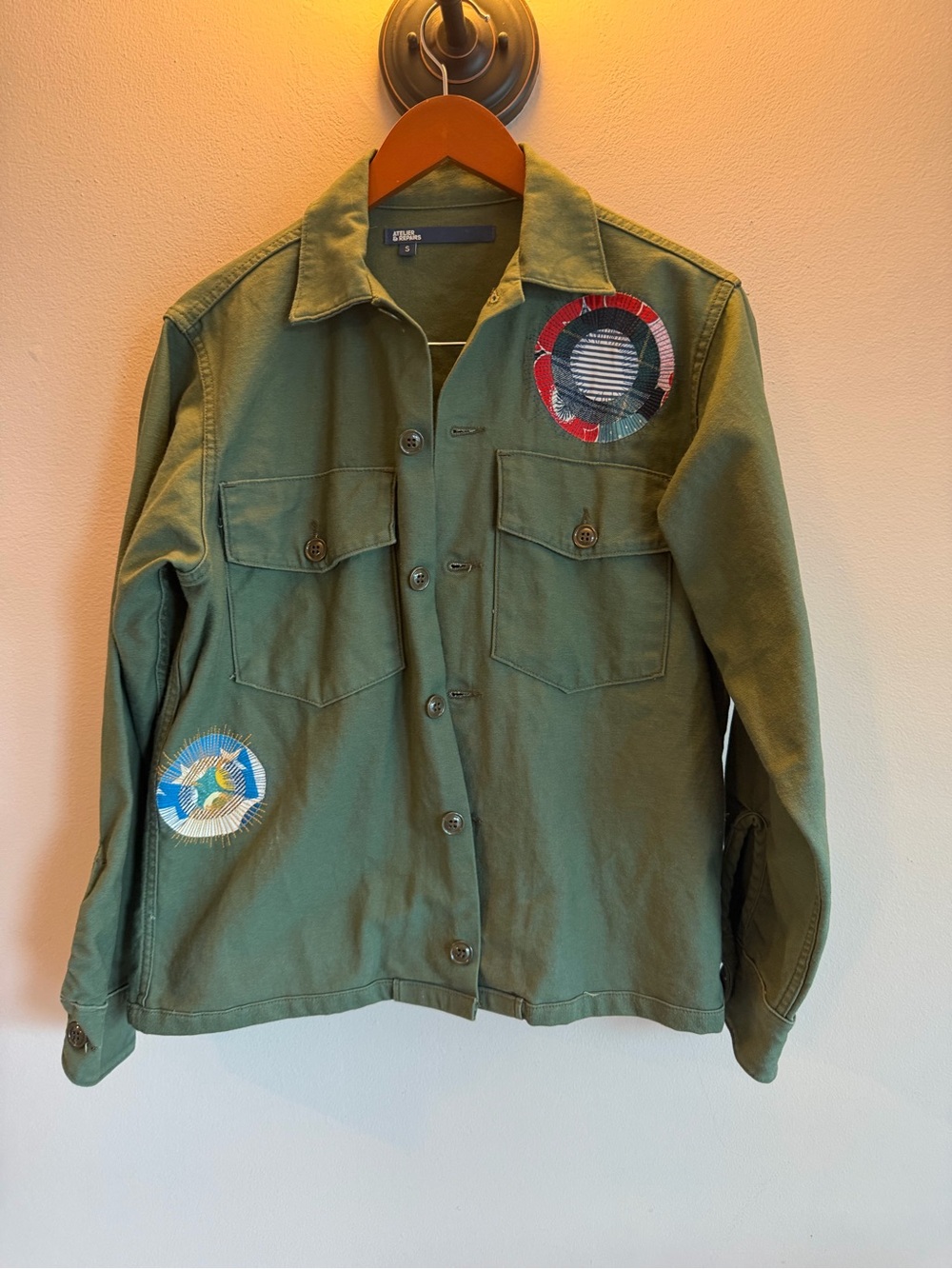 Atelier & Repairs Olive Green Patchwork Utility Shirt Jacket Womens Small